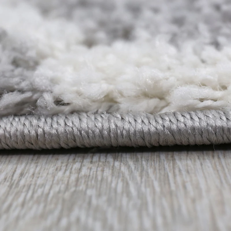 Hochflor Teppich Muster Shaggy Marokkanisch Rauten Deko Wohnzimmer Grau Creme weich Robust Ethno