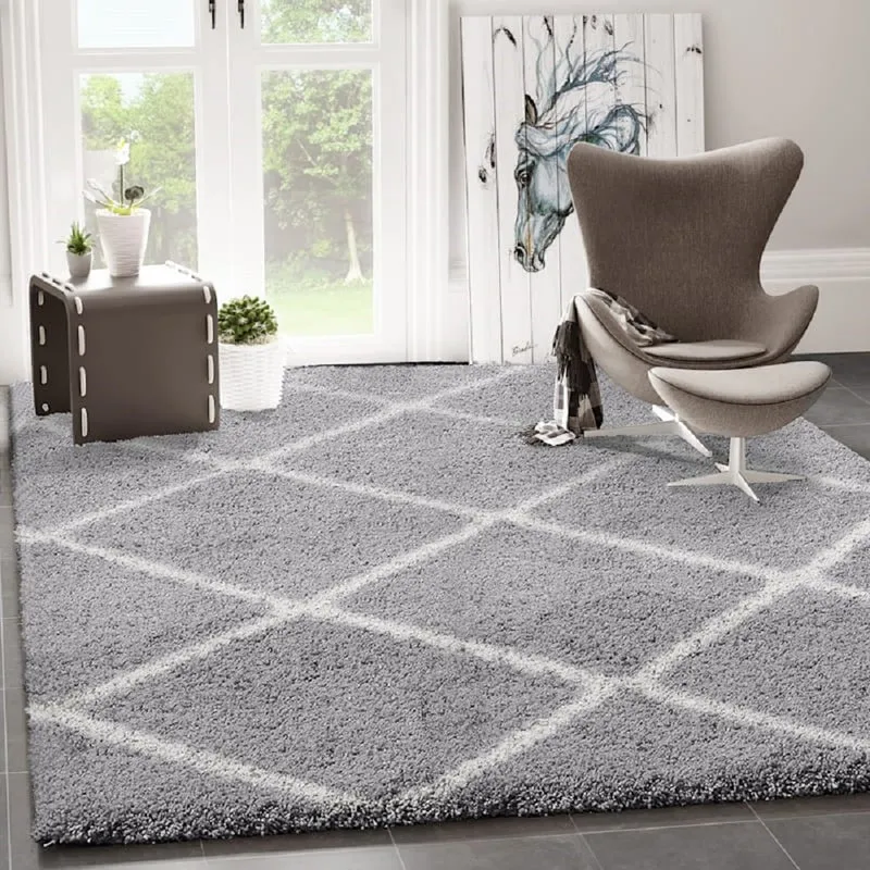 Hochflor Teppich Wohnzimmer Shaggy Skandi Design Rautenmuster Grau Creme Robust Weich Strapazierfähig