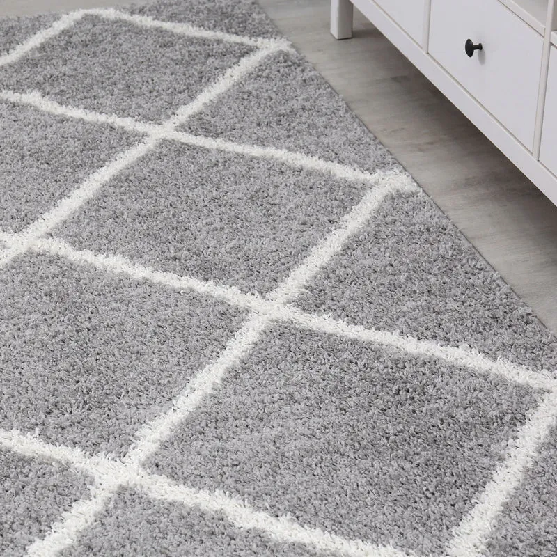 Hochflor Teppich Wohnzimmer Shaggy Skandi Design Rautenmuster Grau Creme Robust Weich Strapazierfähig