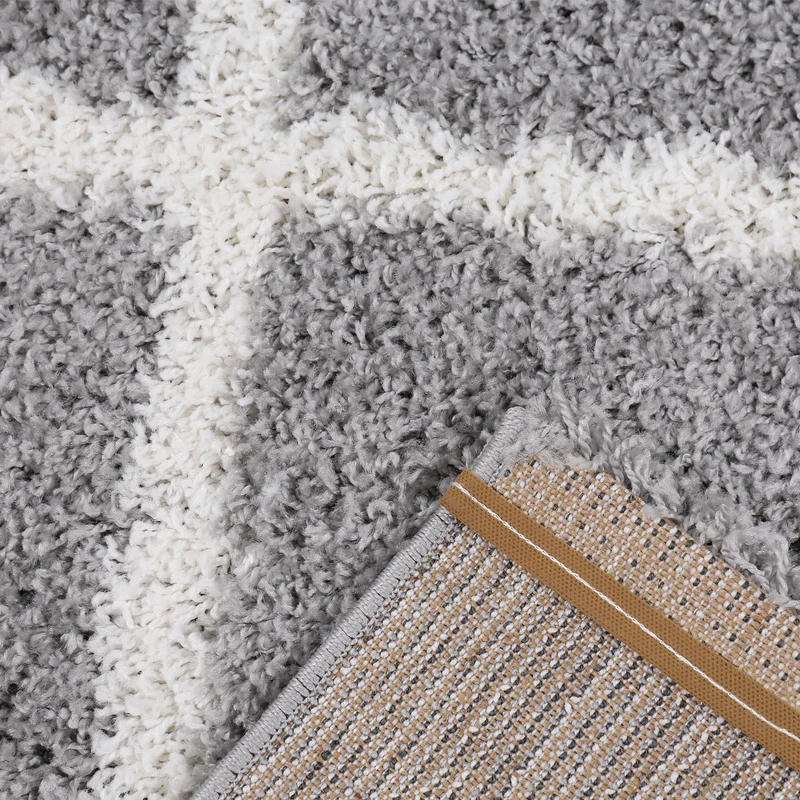 Hochflor Teppich Wohnzimmer Shaggy Skandi Design Rautenmuster Grau Creme Robust Weich Strapazierfähig