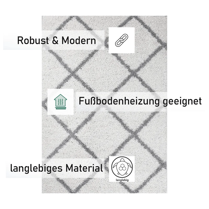 Hochflor Teppich Wohnzimmer Schlafzimmer Küche Shaggy Skandinavisch Rautenmuster
