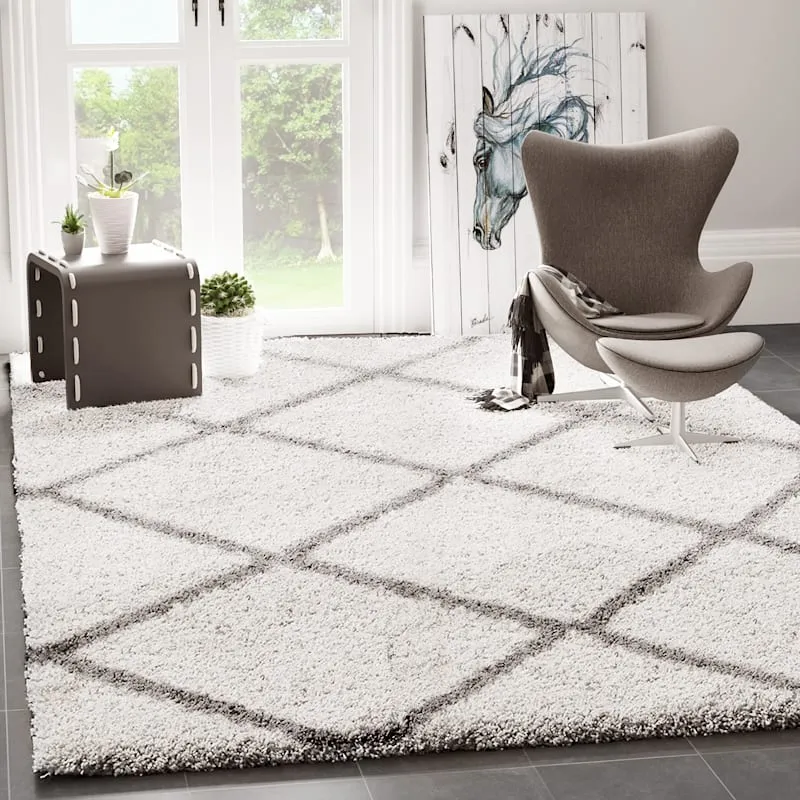 Hochflor Teppich Wohnzimmer Schlafzimmer Küche Shaggy Skandinavisch Rautenmuster