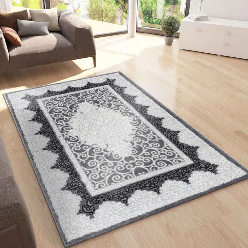 Teppich kurzflor Moderner Orientteppich mit Glitzergarn in Grau Schwarz Weiß, für Wohnzimmer, Schlafzimmer