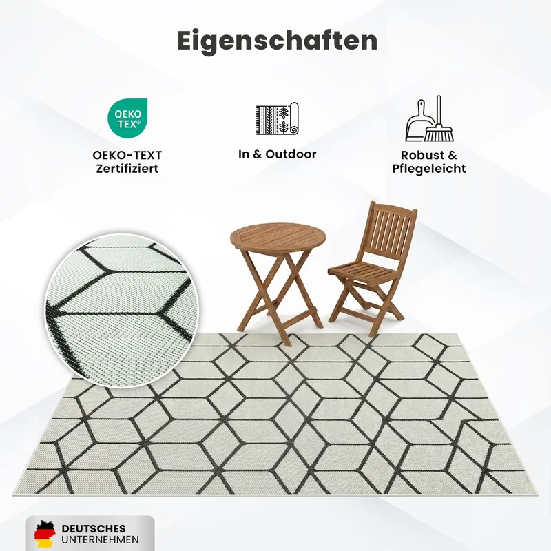 Teppich Rauten Muster In- und Outdoor Tauglich Robuster Flachgewebe 100% Polypropylen Weiß