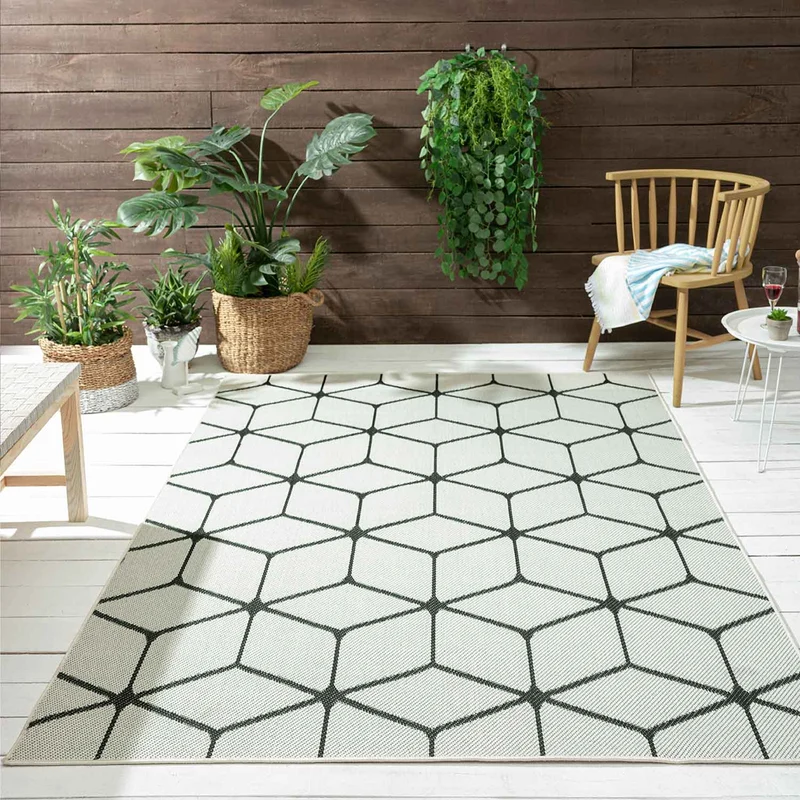 Teppich Rauten Muster In- und Outdoor Tauglich Robuster Flachgewebe 100% Polypropylen Weiß