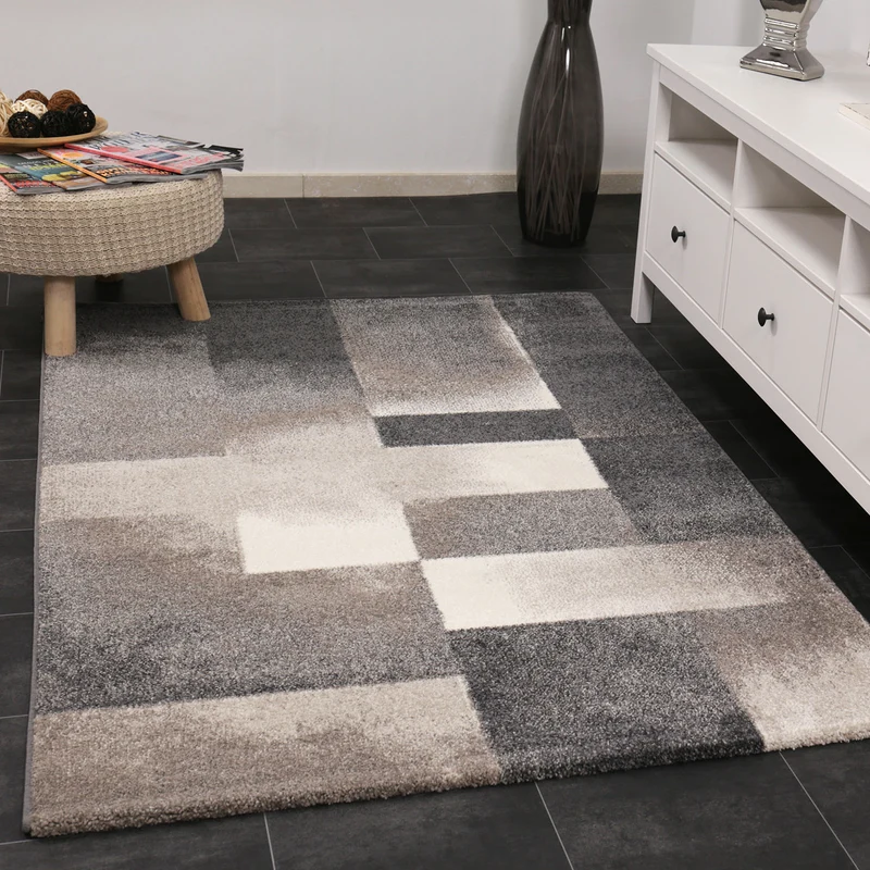 Moderner Designer Teppich mit Geometrischen Abstrakt Muster in Grau und Beige