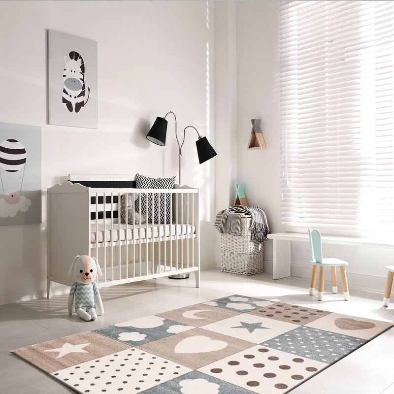 Flauschiger Kinder Zimmer Teppich Herzchen Wölkchen Patchwork Optik