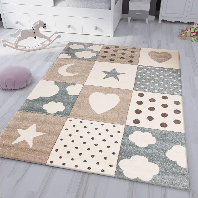 Flauschiger Kinder Zimmer Teppich Herzchen Wölkchen Patchwork Optik