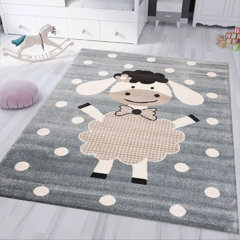 Kinderteppich Kinderzimmer Babyteppich Fröhlicher Schaf Mint Blau Beige Dots