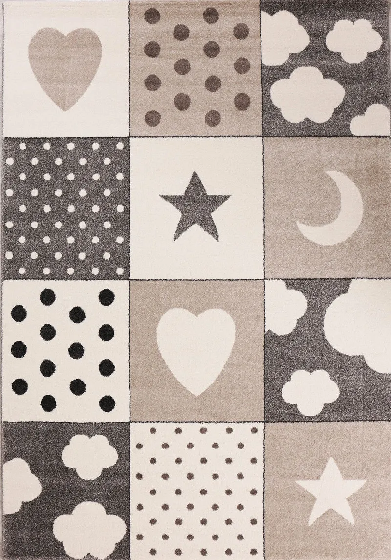 Kinderteppich Babyteppich Patchwork Wolke Herz Sterne Mond Dots | Kinderteppich für Mädchen und Jungs | Teppich für Kinderzimmer | Farbe: Grau Beige & Creme
