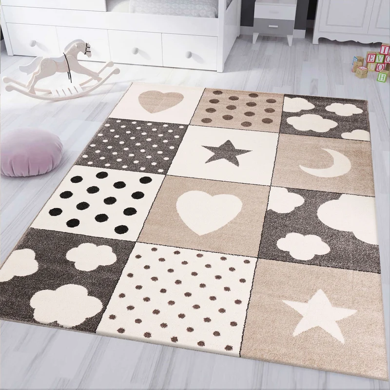 Kinderteppich Babyteppich Patchwork Wolke Herz Sterne Mond Dots | Kinderteppich für Mädchen und Jungs | Teppich für Kinderzimmer | Farbe: Grau Beige & Creme