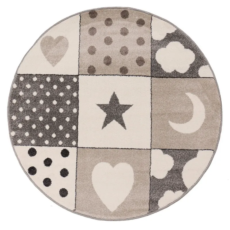 Kinderteppich Babyteppich Patchwork Wolke Herz Sterne Mond Dots | Kinderteppich für Mädchen und Jungs | Teppich für Kinderzimmer | Farbe: Grau Beige & Creme