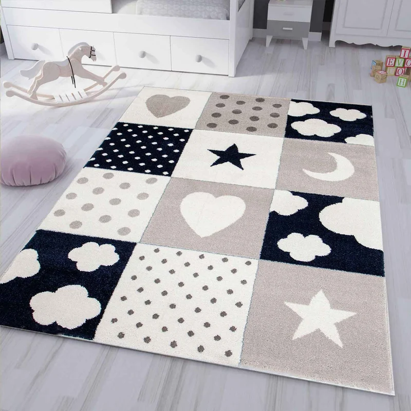 Kinderteppich Teppich Kinderzimmer Babyteppich mit Herz Stern Wolke Blau Beige Creme