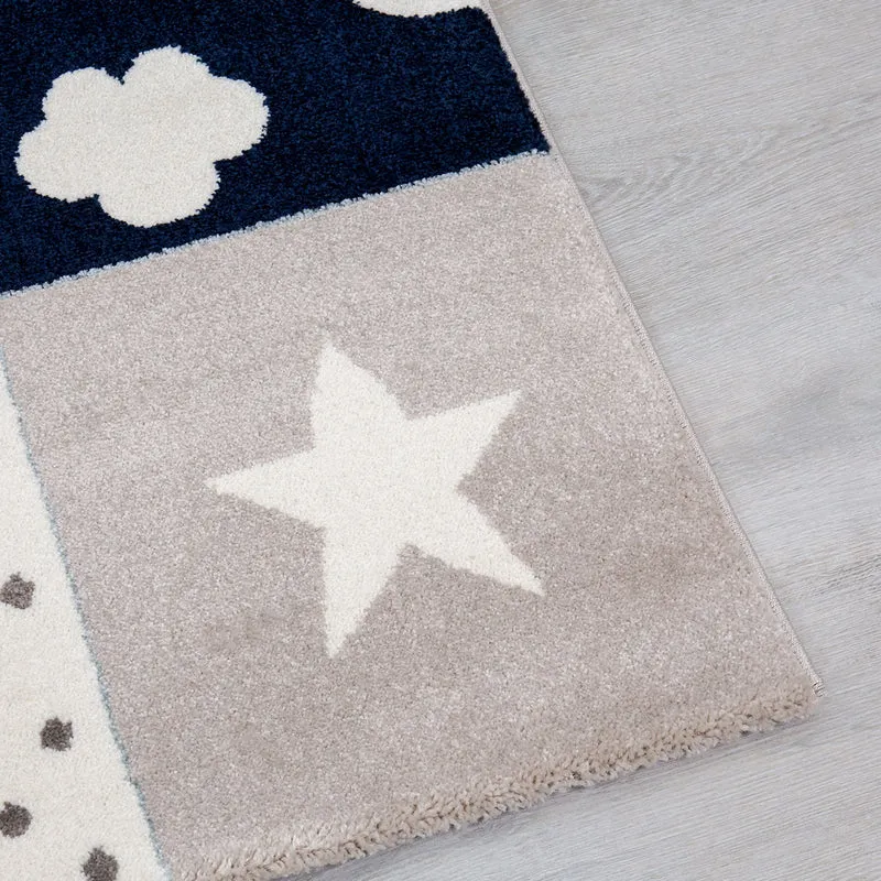 Kinderteppich Teppich Kinderzimmer Babyteppich mit Herz Stern Wolke Blau Beige Creme
