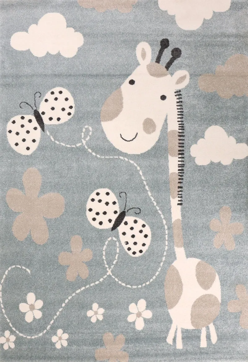 Kinderteppiche Giraffe mit Schmetterling und Blumen | Kinderteppich für Mädchen und Jungs | Teppich für Kinderzimmer Blau | Kinderzimmerteppiche
