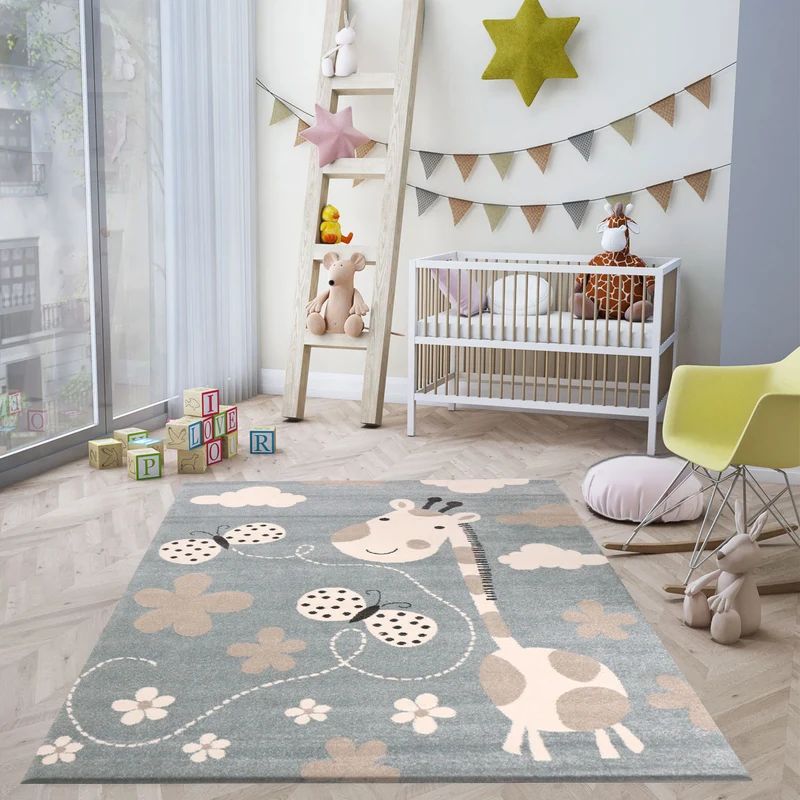 Kinderteppiche Giraffe mit Schmetterling und Blumen | Kinderteppich für Mädchen und Jungs | Teppich für Kinderzimmer Blau | Kinderzimmerteppiche