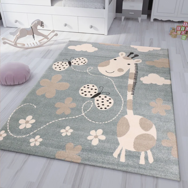 Kinderteppiche Giraffe mit Schmetterling und Blumen | Kinderteppich für Mädchen und Jungs | Teppich für Kinderzimmer Blau | Kinderzimmerteppiche