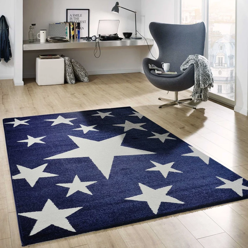 Teppich Kurzflor Sterne Himmel Modern Blau Weiß Jugendzimmer für kinderzimmer, wohnzimmer
