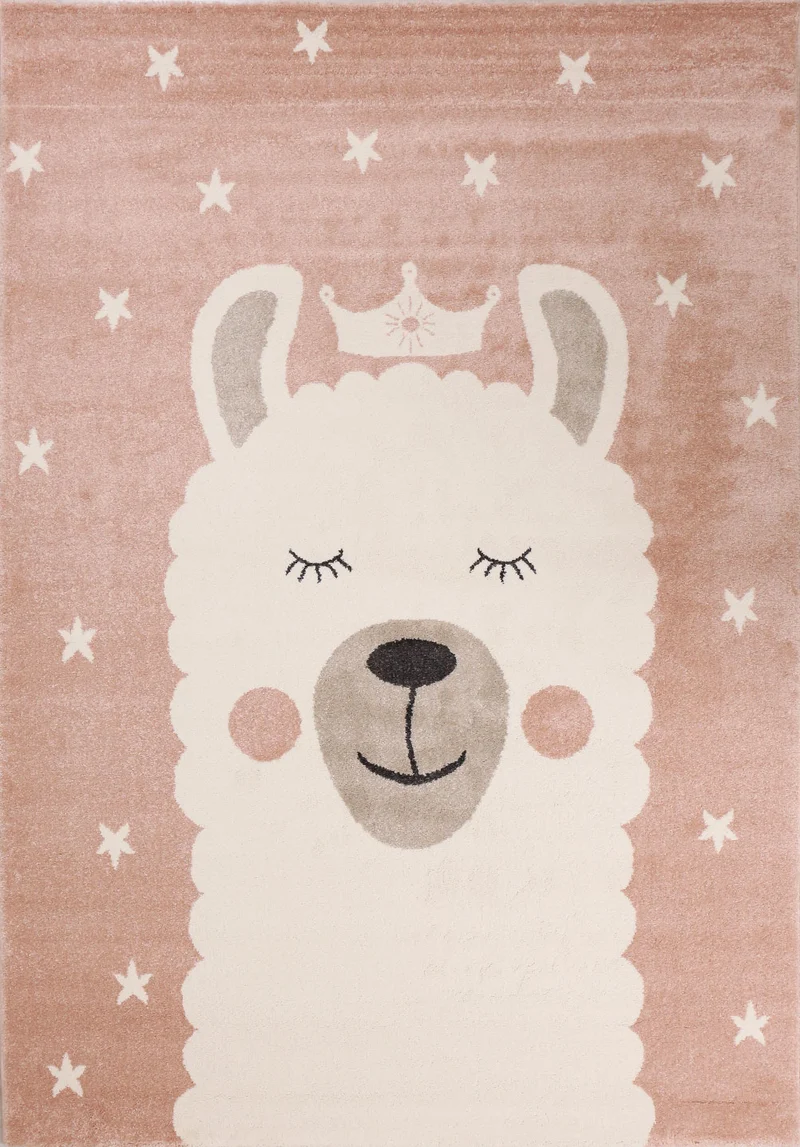 Kinderteppich Teppich Lama König Sterne Spielzimmer Kinderzimmer Babyzimmer Pink Creme Kurzflor weich flauschig