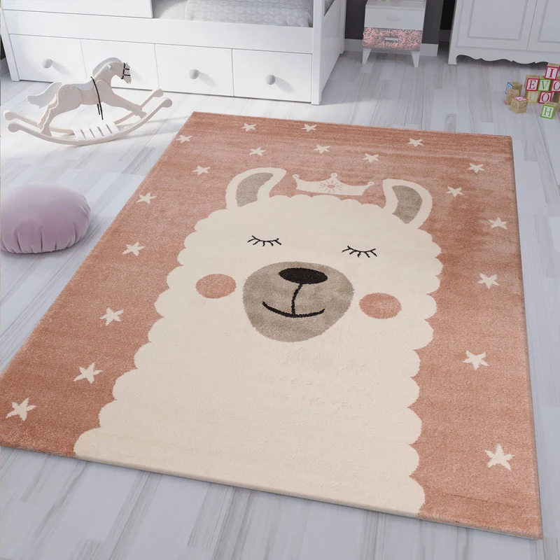 Kinderteppich Teppich Lama König Sterne Spielzimmer Kinderzimmer Babyzimmer Pink Creme Kurzflor weich flauschig