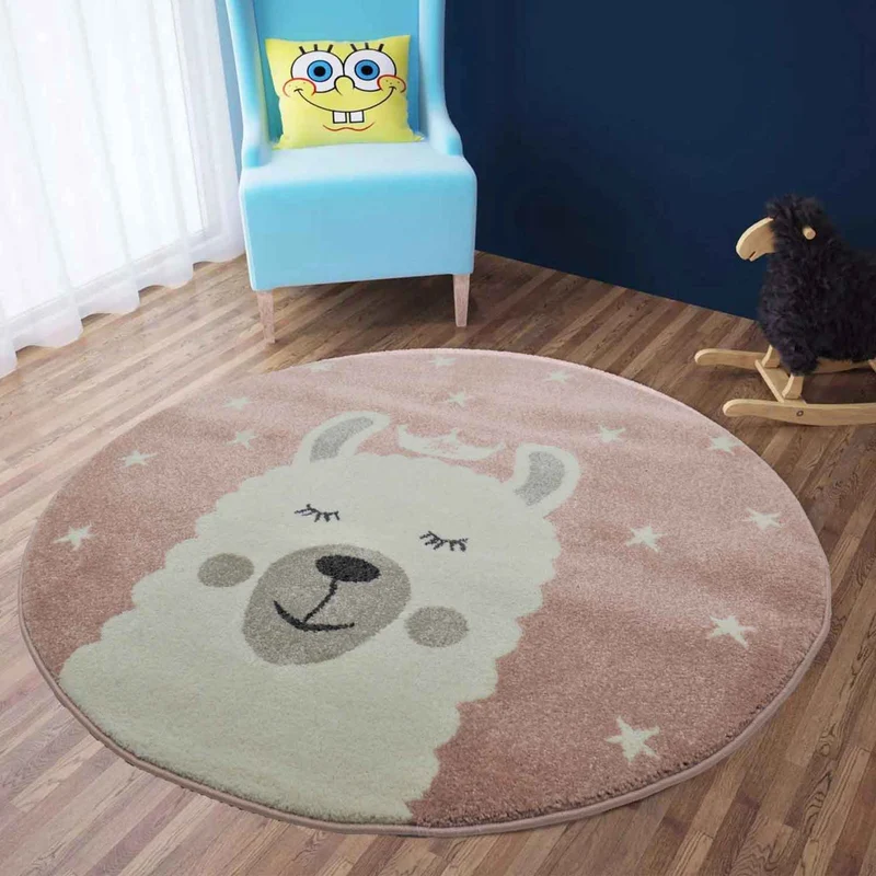 Kinderteppich Teppich Lama König Sterne Spielzimmer Kinderzimmer Babyzimmer Pink Creme Kurzflor weich flauschig