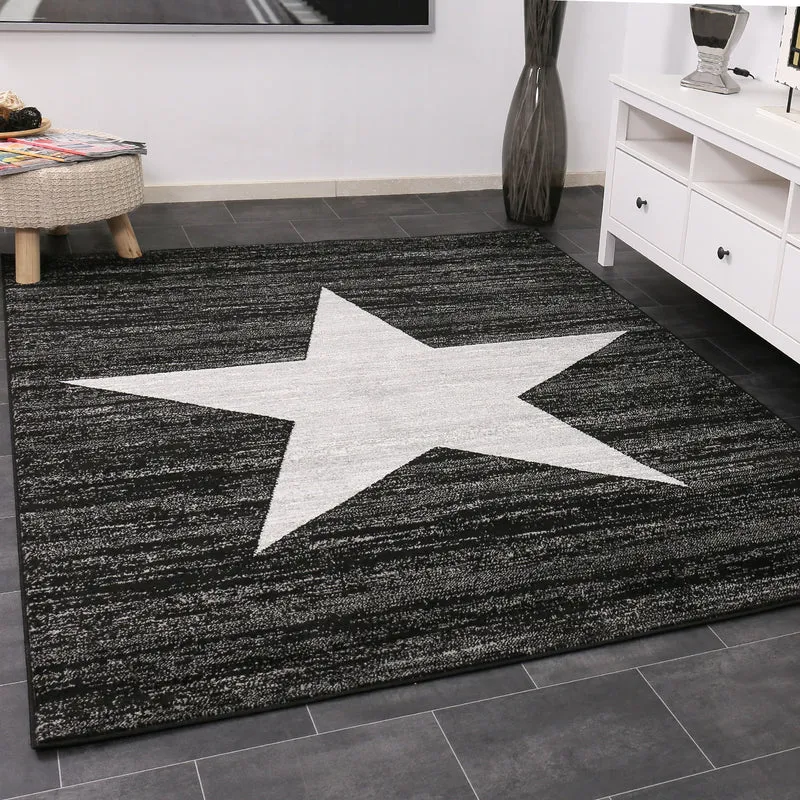 Teppich Kurzflor Sternmuster Modern in Schwarz für Jugendzimmer, kinderzimmer, wohnzimmer