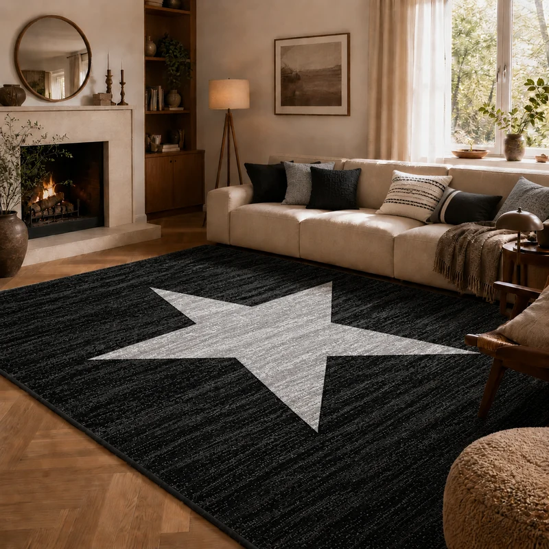 Teppich Kurzflor Sternmuster Modern in Schwarz für Jugendzimmer, kinderzimmer, wohnzimmer