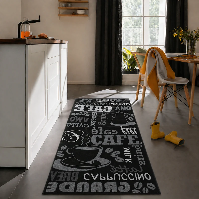Küchenteppich Teppichläufer Coffee Design Modern Kaffee Muster in Schwarz ideal für die Lounge oder Küche
