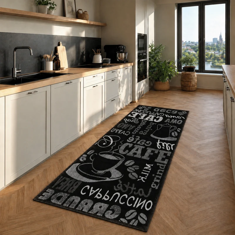 Küchenteppich Teppichläufer Coffee Design Modern Kaffee Muster in Schwarz ideal für die Lounge oder Küche