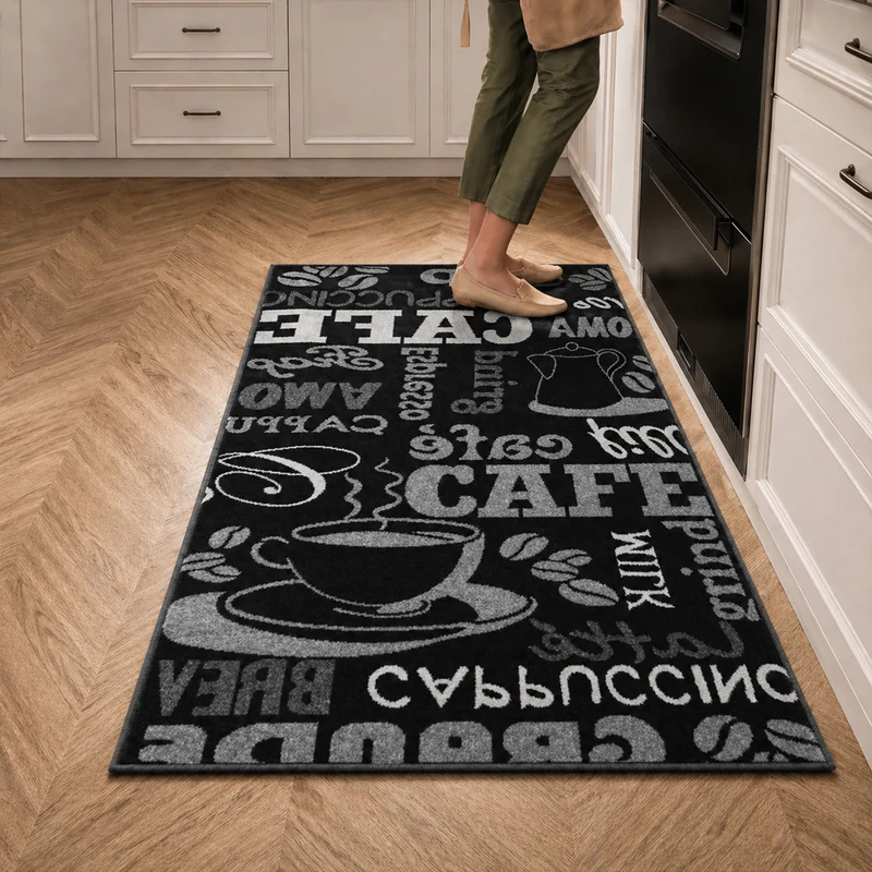 Küchenteppich Teppichläufer Coffee Design Modern Kaffee Muster in Schwarz ideal für die Lounge oder Küche