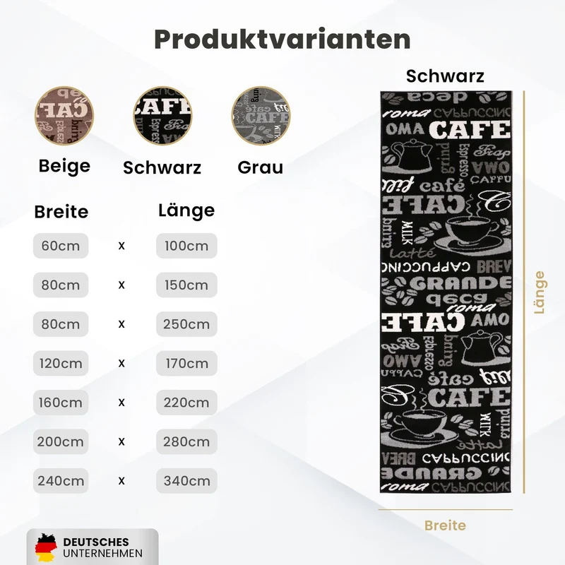 Küchenteppich Teppichläufer Coffee Design Modern Kaffee Muster in Schwarz ideal für die Lounge oder Küche