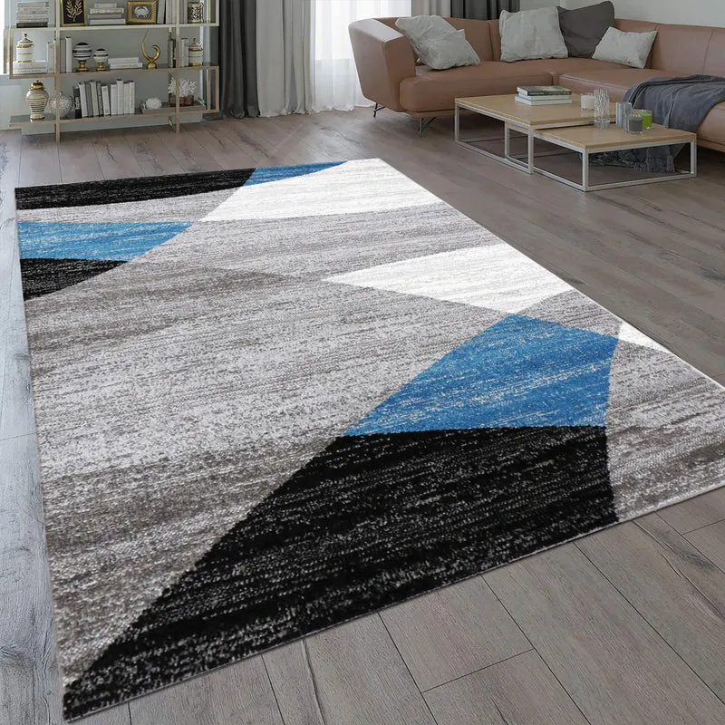 Teppich Geometrisches Muster Meliert in Blau Grau Weiß Schwarz Kurzflor Wohnzimmer