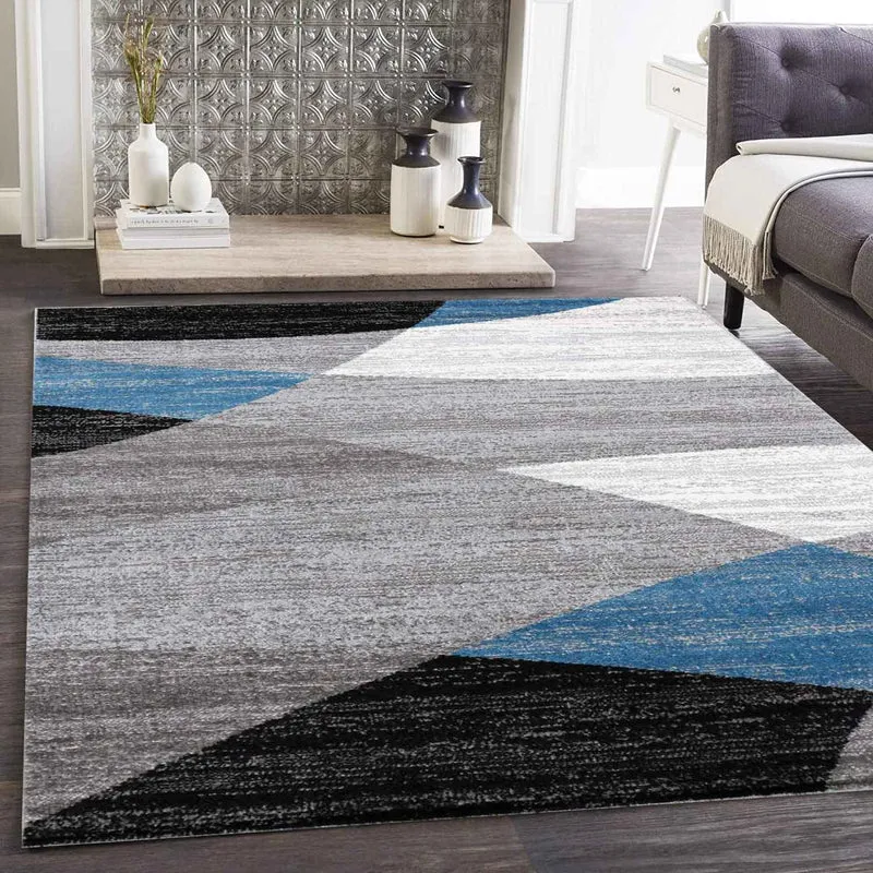 Teppich Geometrisches Muster Meliert in Blau Grau Weiß Schwarz Kurzflor Wohnzimmer