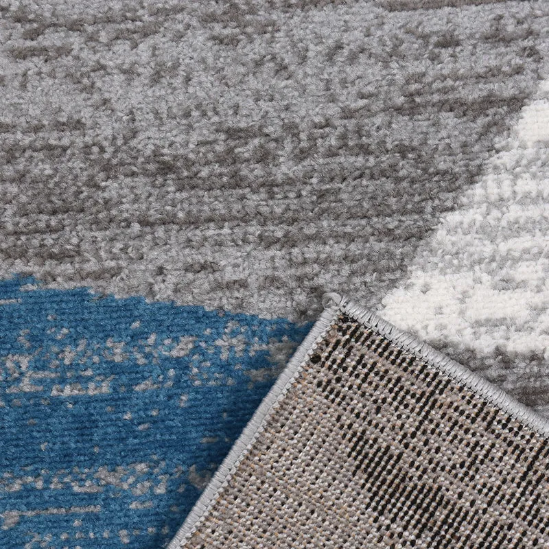 Teppich Geometrisches Muster Meliert in Blau Grau Weiß Schwarz Kurzflor Wohnzimmer