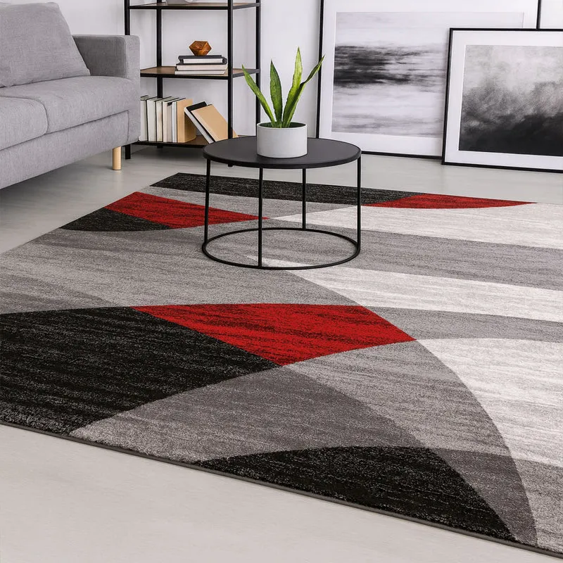 Teppich Geometrisches Muster Meliert in Rot Grau Weiß Schwarz Kurzflor Wohnzimmer