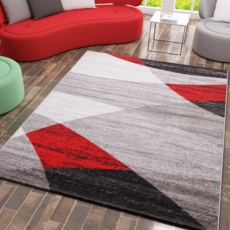 Teppich Geometrisches Muster Meliert in Rot Grau Weiß Schwarz Kurzflor Wohnzimmer