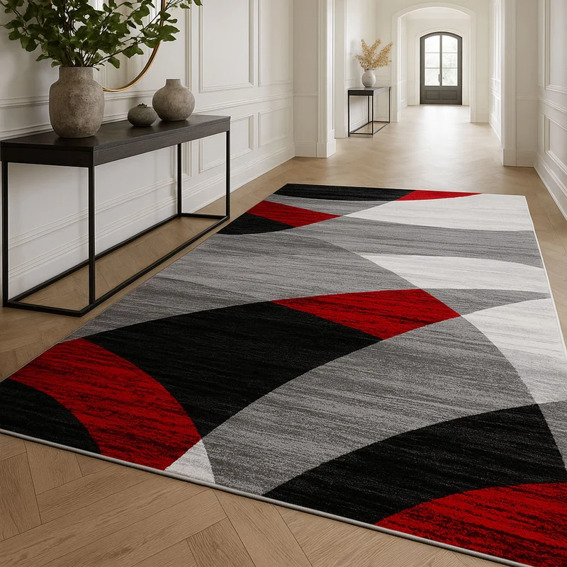 Teppich Geometrisches Muster Meliert in Rot Grau Weiß Schwarz Kurzflor Wohnzimmer