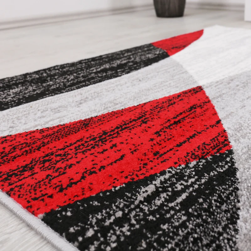 Teppich Geometrisches Muster Meliert in Rot Grau Weiß Schwarz Kurzflor Wohnzimmer