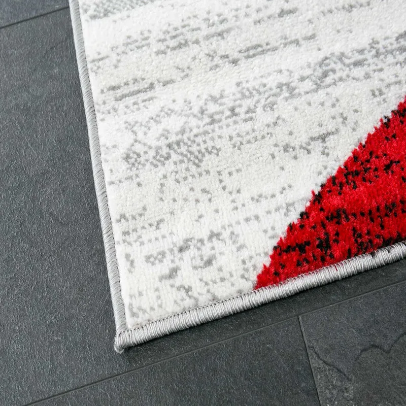 Teppich Geometrisches Muster Meliert in Rot Grau Weiß Schwarz Kurzflor Wohnzimmer