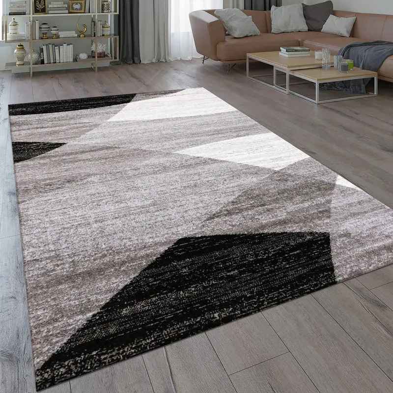 Teppich Geometrisches Muster Meliert in Grau Weiß Schwarz Kurzflor Läufer Wohnzimmer