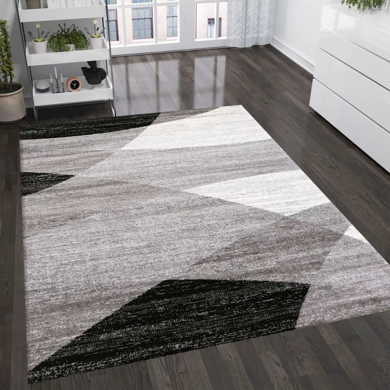 Teppich Geometrisches Muster Meliert in Grau Weiß Schwarz Kurzflor Läufer Wohnzimmer