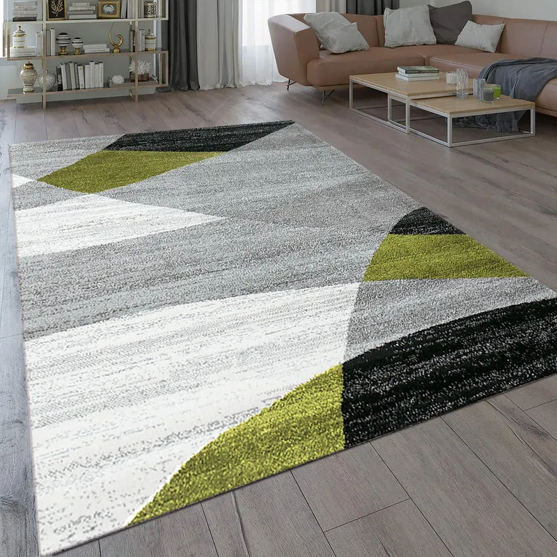 Teppich Geometrisches Muster Meliert in Grün Grau Weiß Schwarz Kurzflor Wohnzimmer