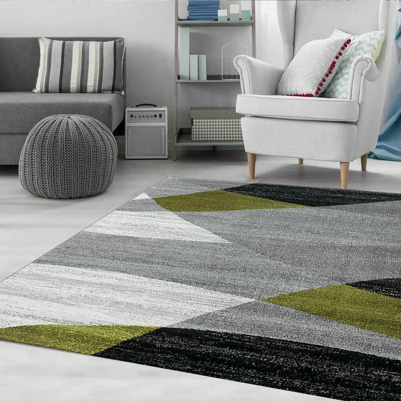 Teppich Geometrisches Muster Meliert in Grün Grau Weiß Schwarz Kurzflor Wohnzimmer