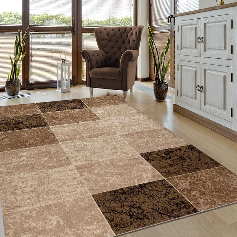 Teppich Wohnzimmer Beige Moderner Designer Teppich Marmor Muster Kariert und Meliert