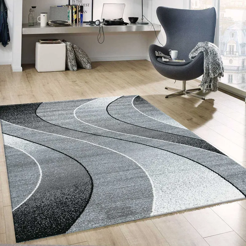 Teppich kurzflor Geometrisches Kurven muster Meliert Grau Anthrazit für für Wohnzimmer, Schlafzimmer, küche
