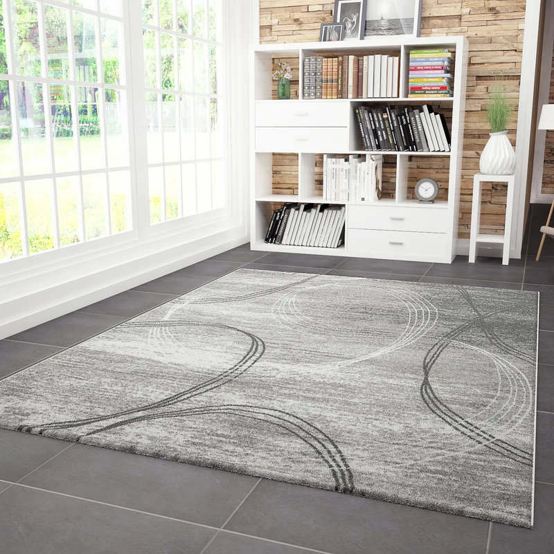 Designer Teppich Modern Kreisel Muster Meliert in Grau Schwarz