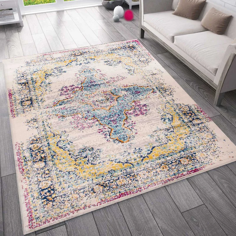 Wohnzimmer Teppich Vintage Look Designer Kurzflor Teppich in Bunt