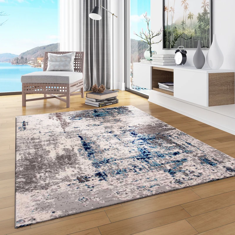 Teppich Abstrakt Vintage Look Wohnzimmer Kurzflor Teppich läufer Blau Grau