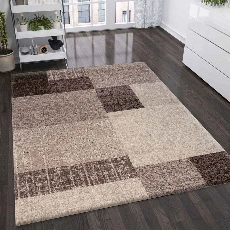 Wohnzimmer Teppich Kurzflor in Beige Braun Designer Teppiche Modern Kachel-Optik Kariert Pflegeleicht -VIMODA