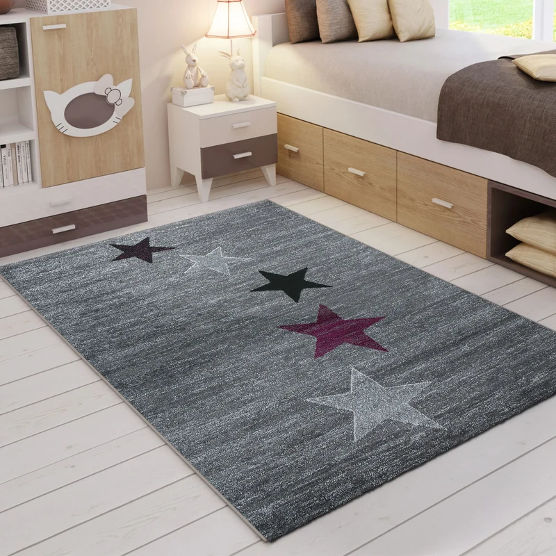 Teppich Modern Jugendstil Kurzflor Grau Lila Schwarz Stern Muster, für Wohnzimmer, Schlafzimmer, küche